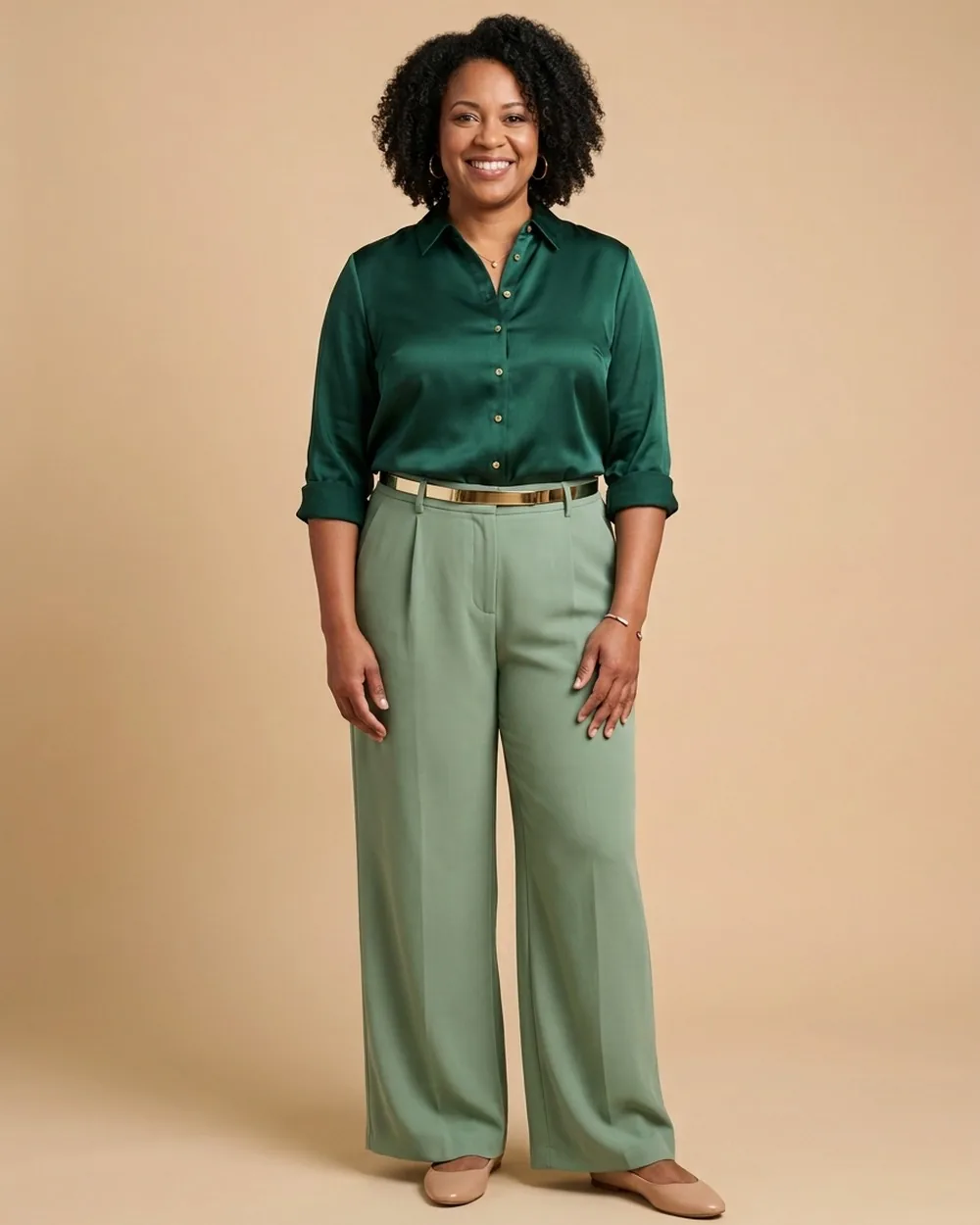 Monochromatic Silk Tones - 19 Plus-Size Business Casual Button-Down Outfits That Never Look Boring