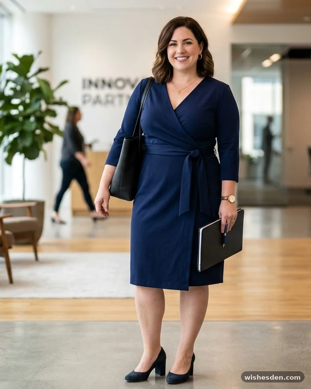 Navy Blue Wrap Dress with Three-Quarter Sleeves - 15 Plus-Size Business Casual Interview Outfits That Make a Great First Impression