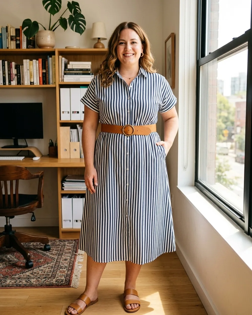 Midi Shirt Dress With A Wide Belt - 16 Plus-Size Business Casual Outfits With Streamlined Silhouettes