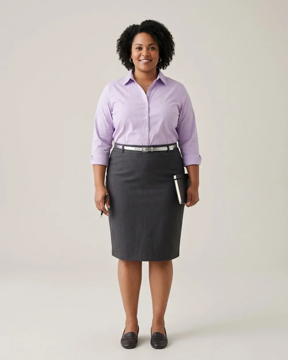 Pastel Shirt with Dark Grey Pencil Skirt - 19 Plus-Size Business Casual Button-Down Outfits That Never Look Boring