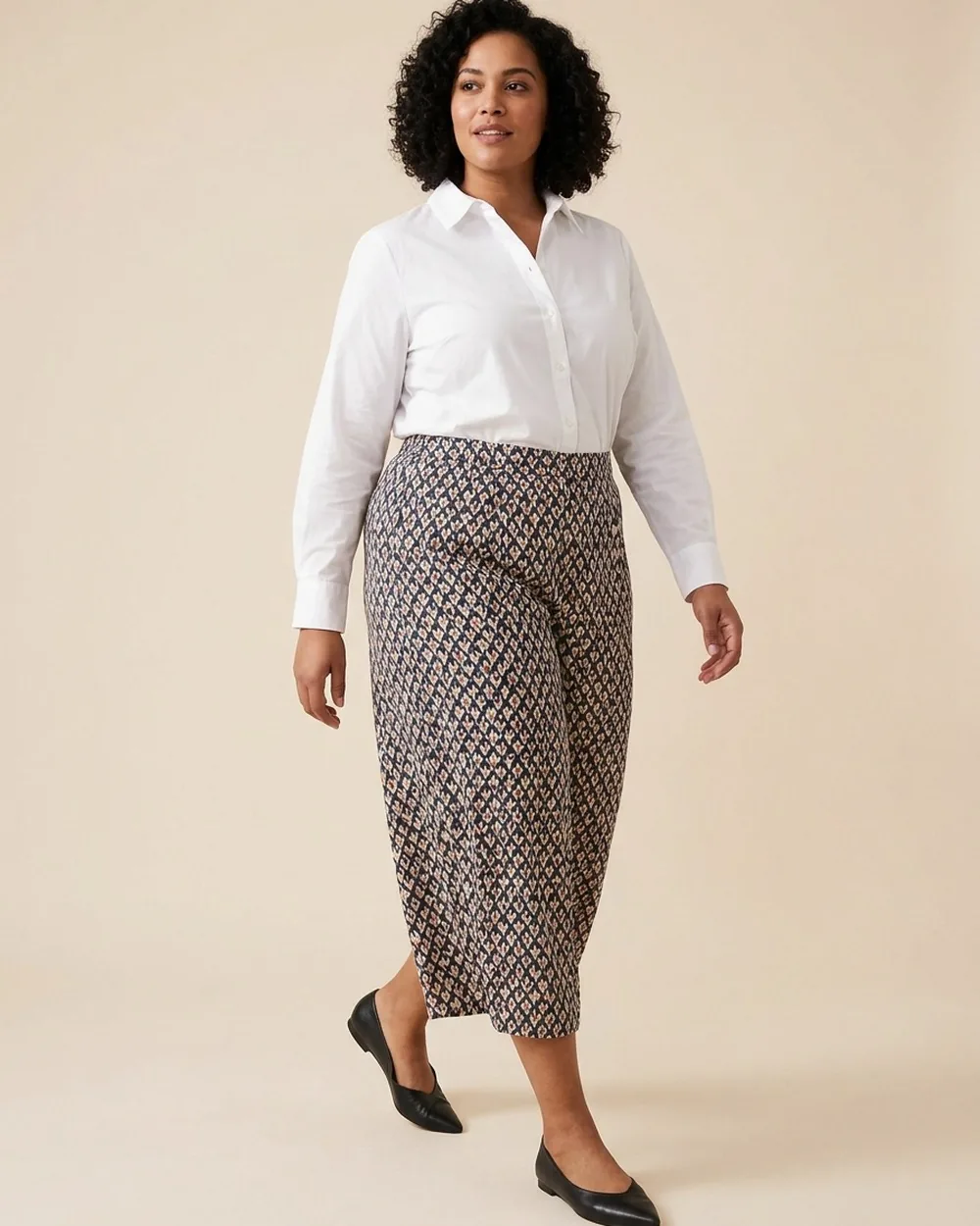 French Tuck with Patterned Culottes - 19 Plus-Size Business Casual Button-Down Outfits That Never Look Boring