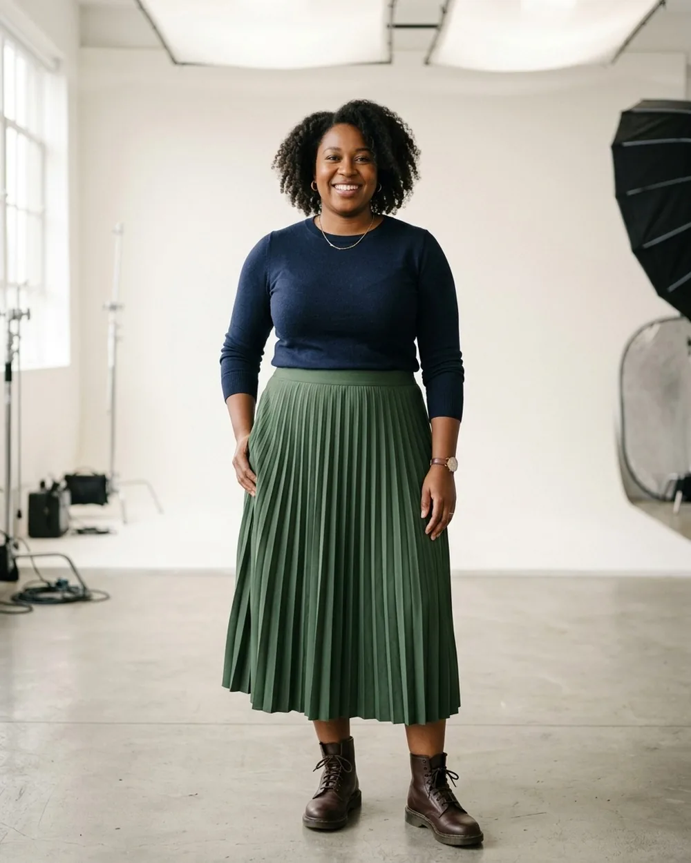 Pleated Midi Skirt And Fitted Crewneck - 16 Plus-Size Business Casual Outfits With Streamlined Silhouettes