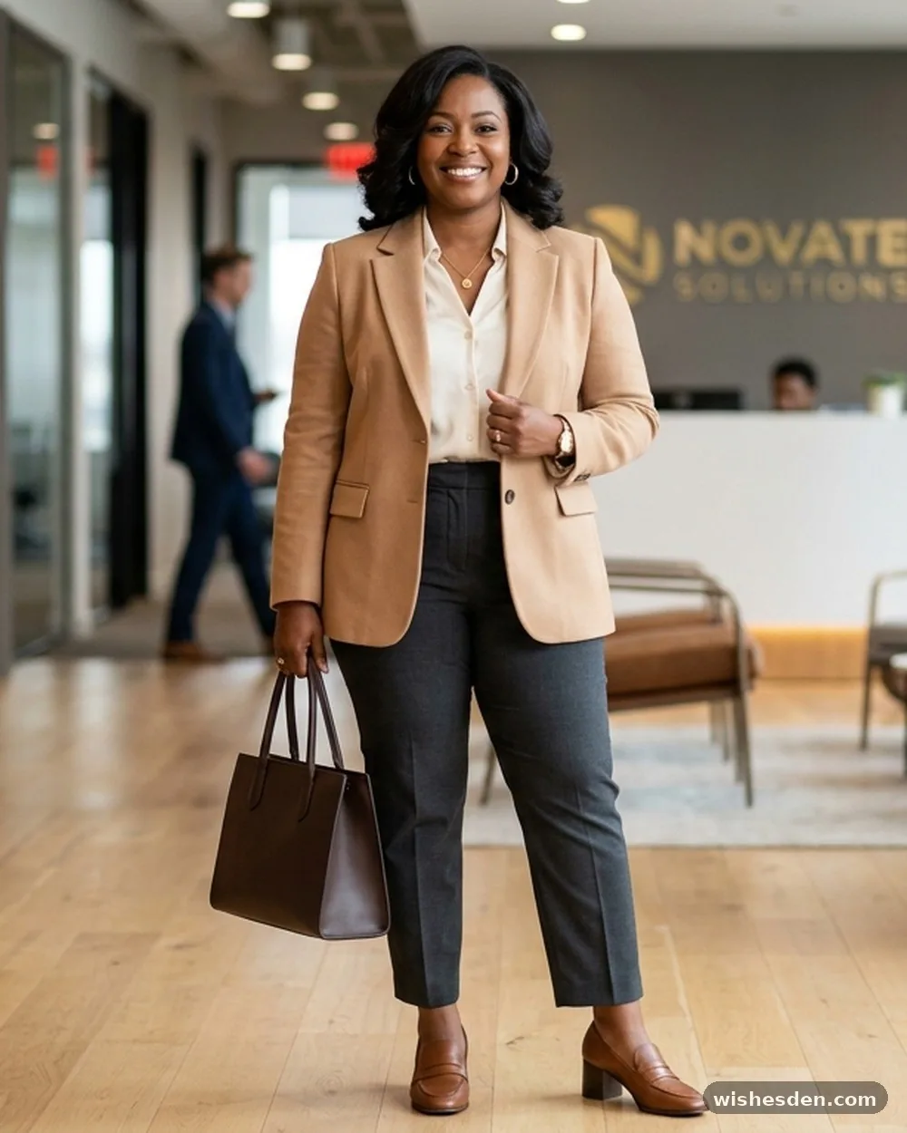 Structured Blazer in a Soft Camel Tone - 15 Plus-Size Business Casual Interview Outfits That Make a Great First Impression
