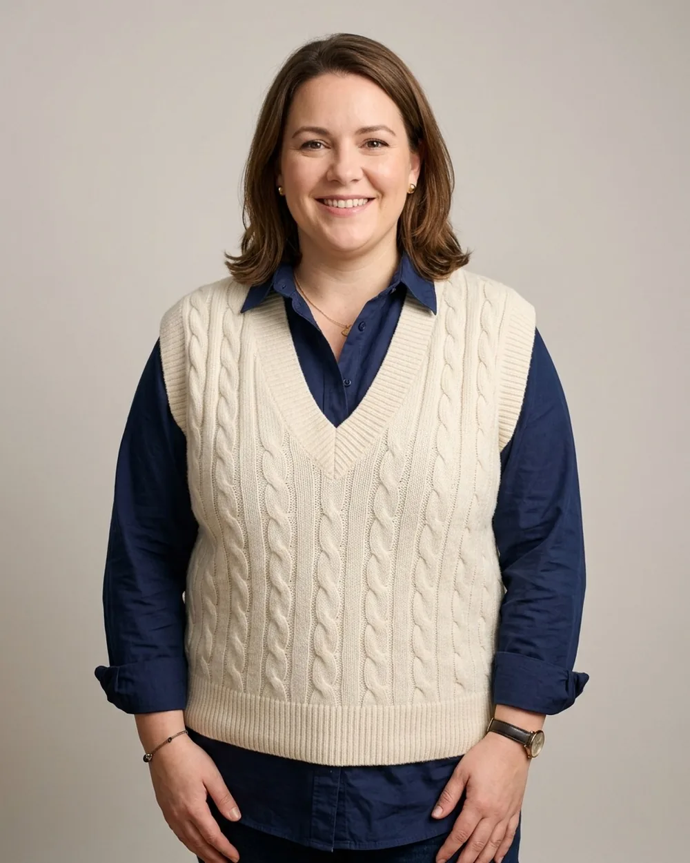 Layering Under a Sleeveless Sweater - 19 Plus-Size Business Casual Button-Down Outfits That Never Look Boring