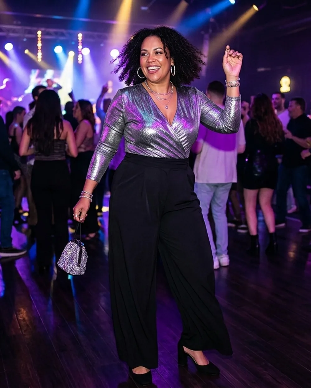 Metallic Wrap Bodysuit with Wide-Leg Trousers - 15 Chic Plus Size Clubbing Outfits for Women Over 40