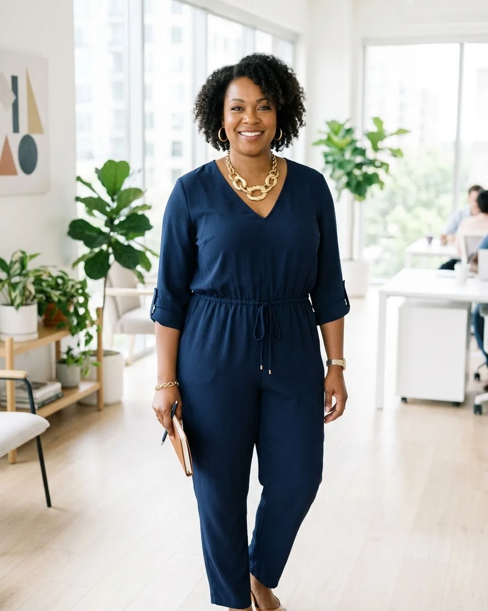 Navy Jumpsuit with a Statement Necklace - 17 Feminine Plus-Size Business Casual Outfits That Still Feel Professional