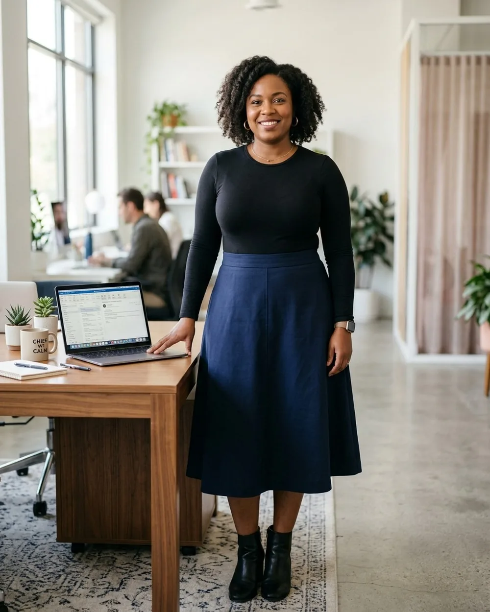 Pleated A-Line Skirt with a Fitted Bodysuit - 17 Feminine Plus-Size Business Casual Outfits That Still Feel Professional