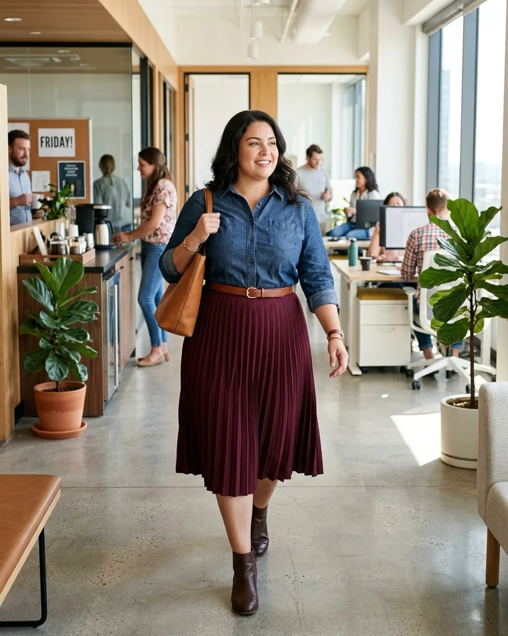 Chambray Button-Down with a Pleated Midi Skirt - 17 Feminine Plus-Size Business Casual Outfits That Still Feel Professional