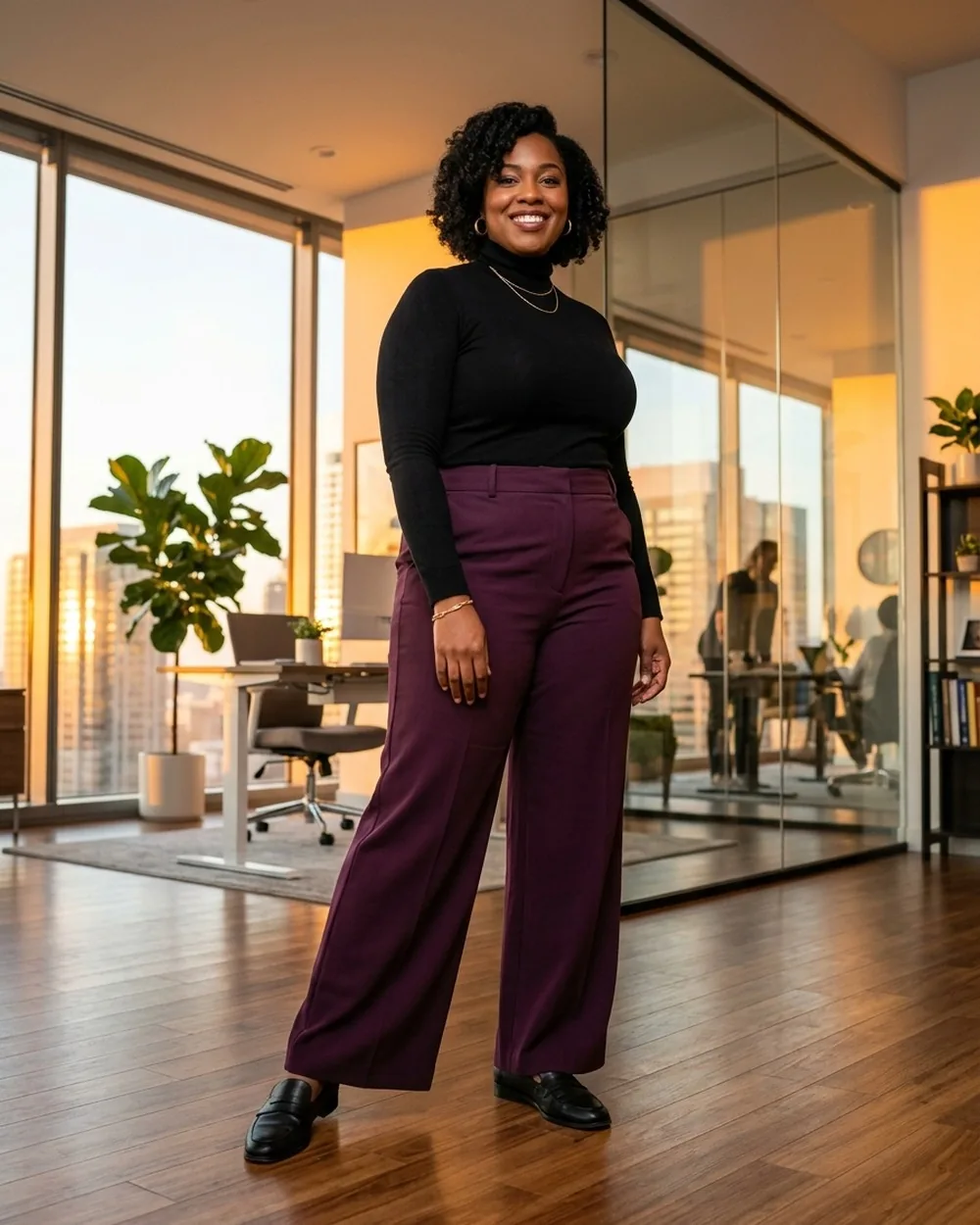 Deep Plum Wide-Leg Trousers with a Fitted Turtleneck - 17 Feminine Plus-Size Business Casual Outfits That Still Feel Professional