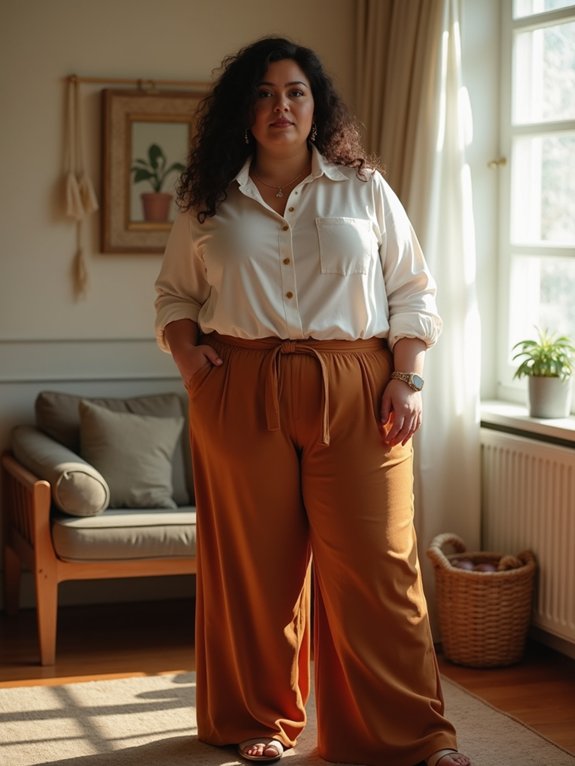 button front blouse and flowy pants